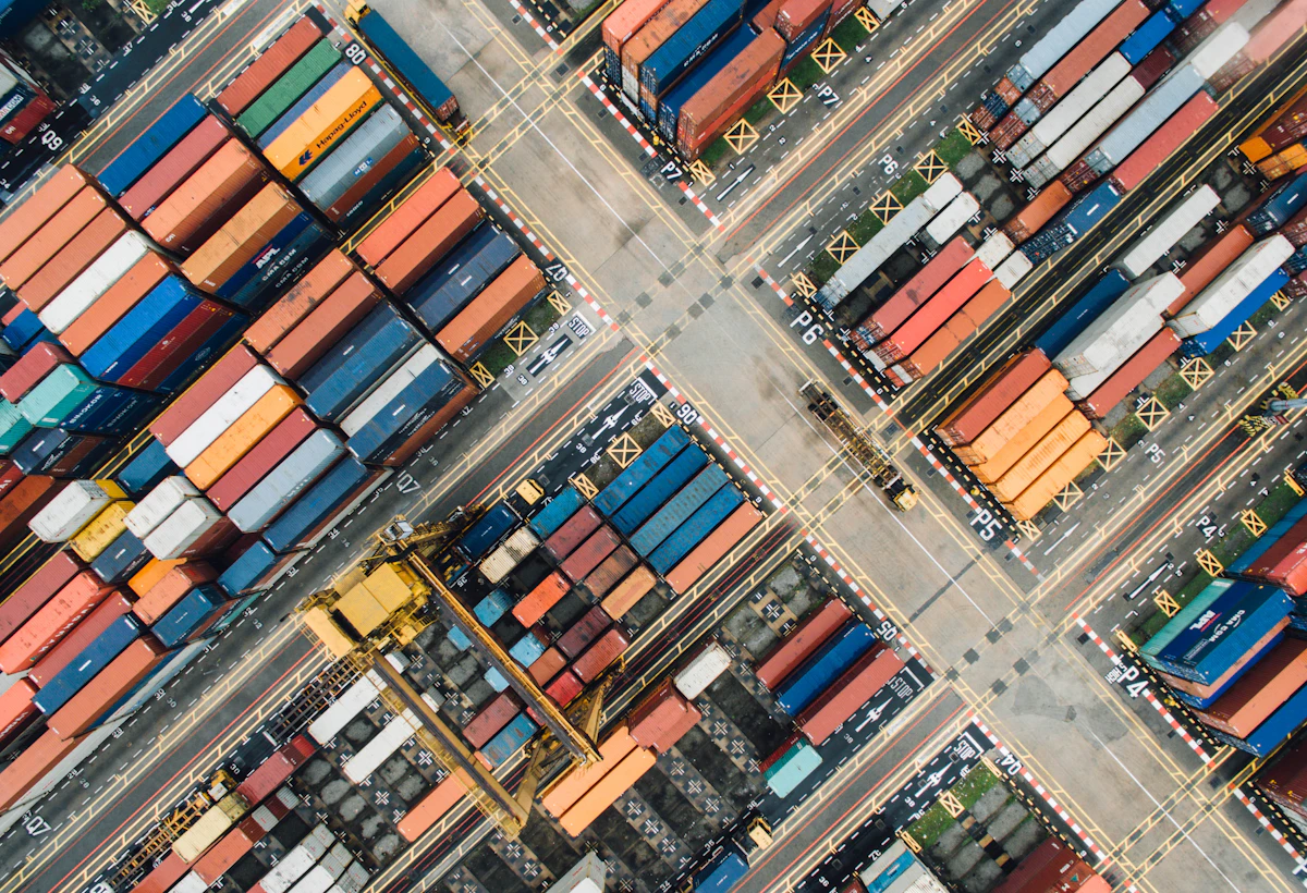 Colorful shipping containers seen from above