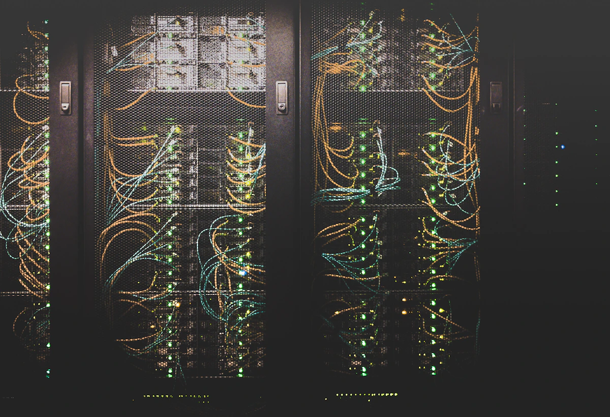 Server racks with illuminated network connections